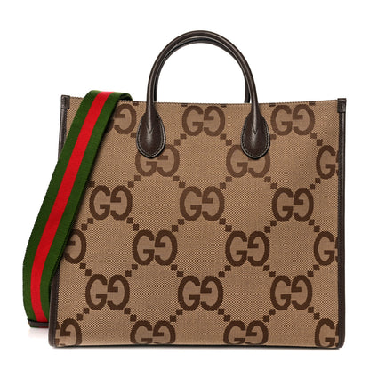 Gucci Monogram Jumbo GG Textured Dollar Calfskin Web Tote Bag Camel Ebony New Acero 1 of 7