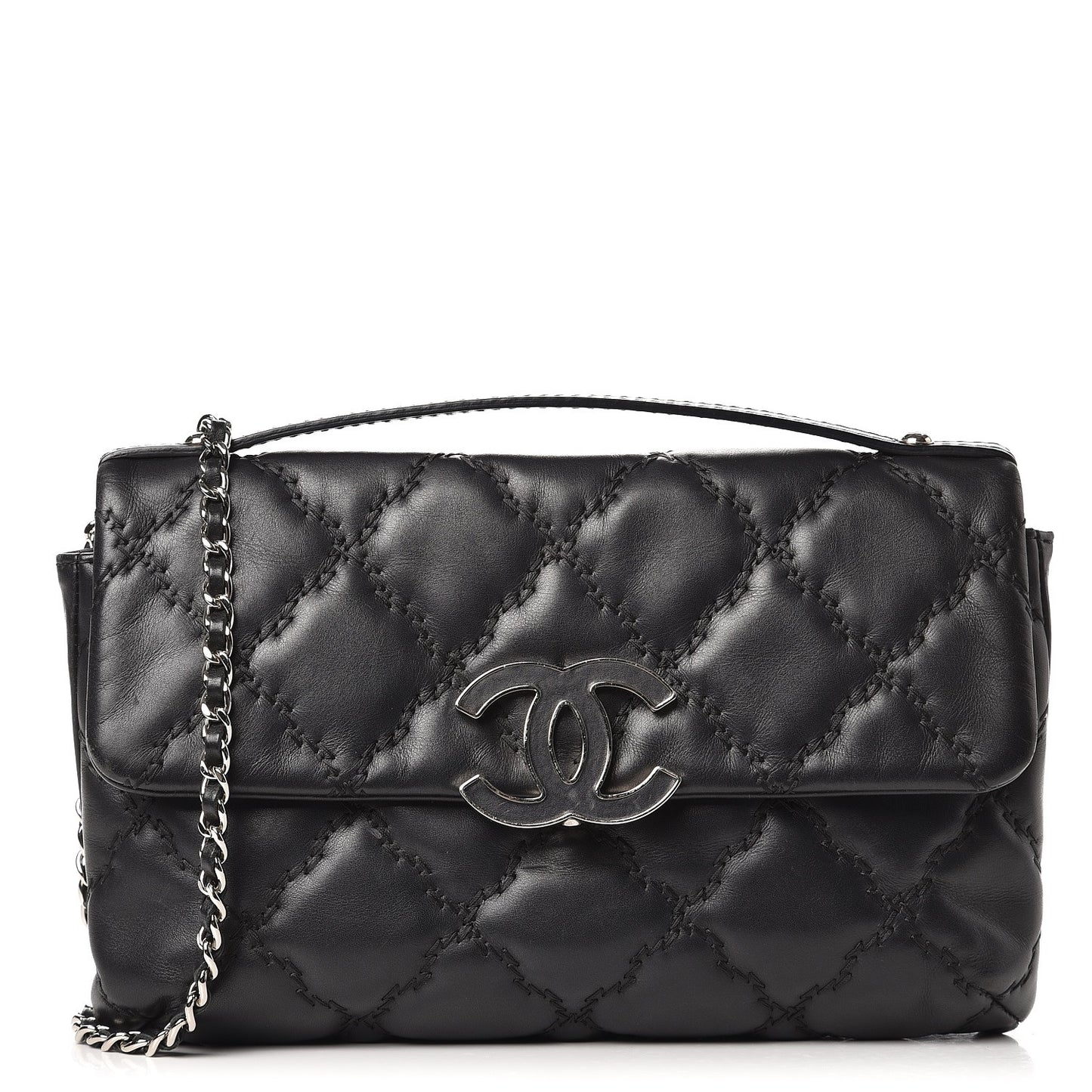 Calfskin Quilted Double Stitch Hamptons Clutch with Chain Black