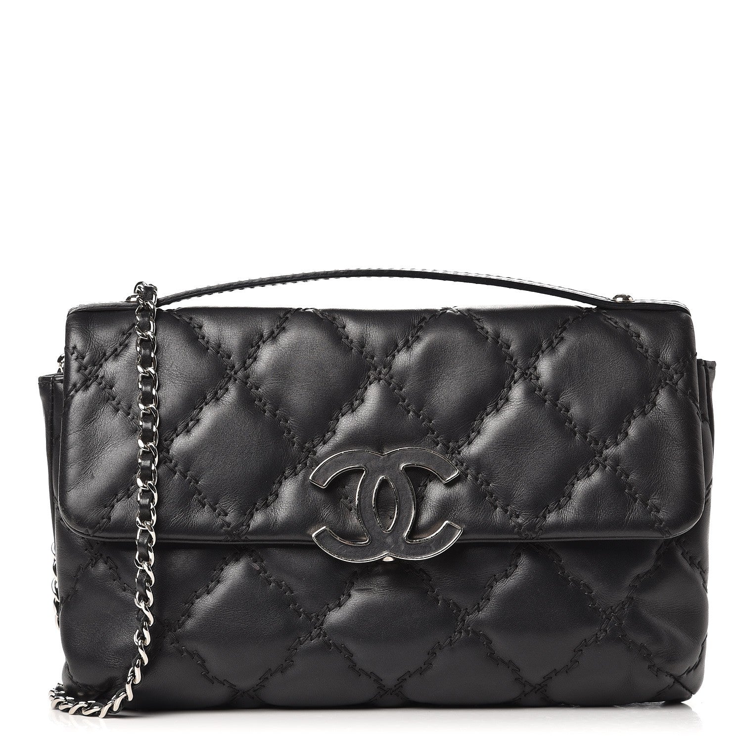 Chanel Calfskin Quilted Double Stitch Hamptons Clutch with Chain Black 1 of 11