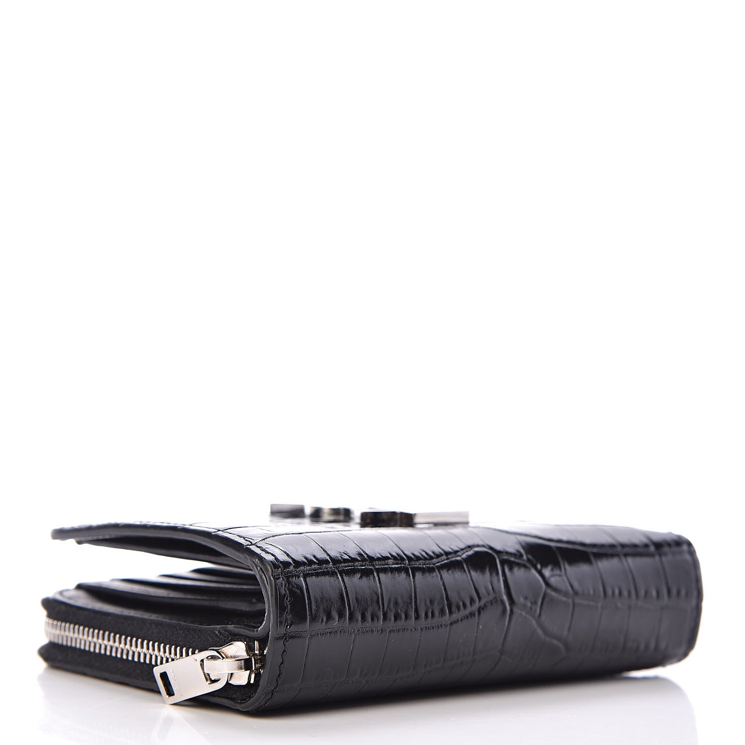 Saint Laurent Calfskin Crocodile Embossed Monogram Compact Wallet Black 4 of 7