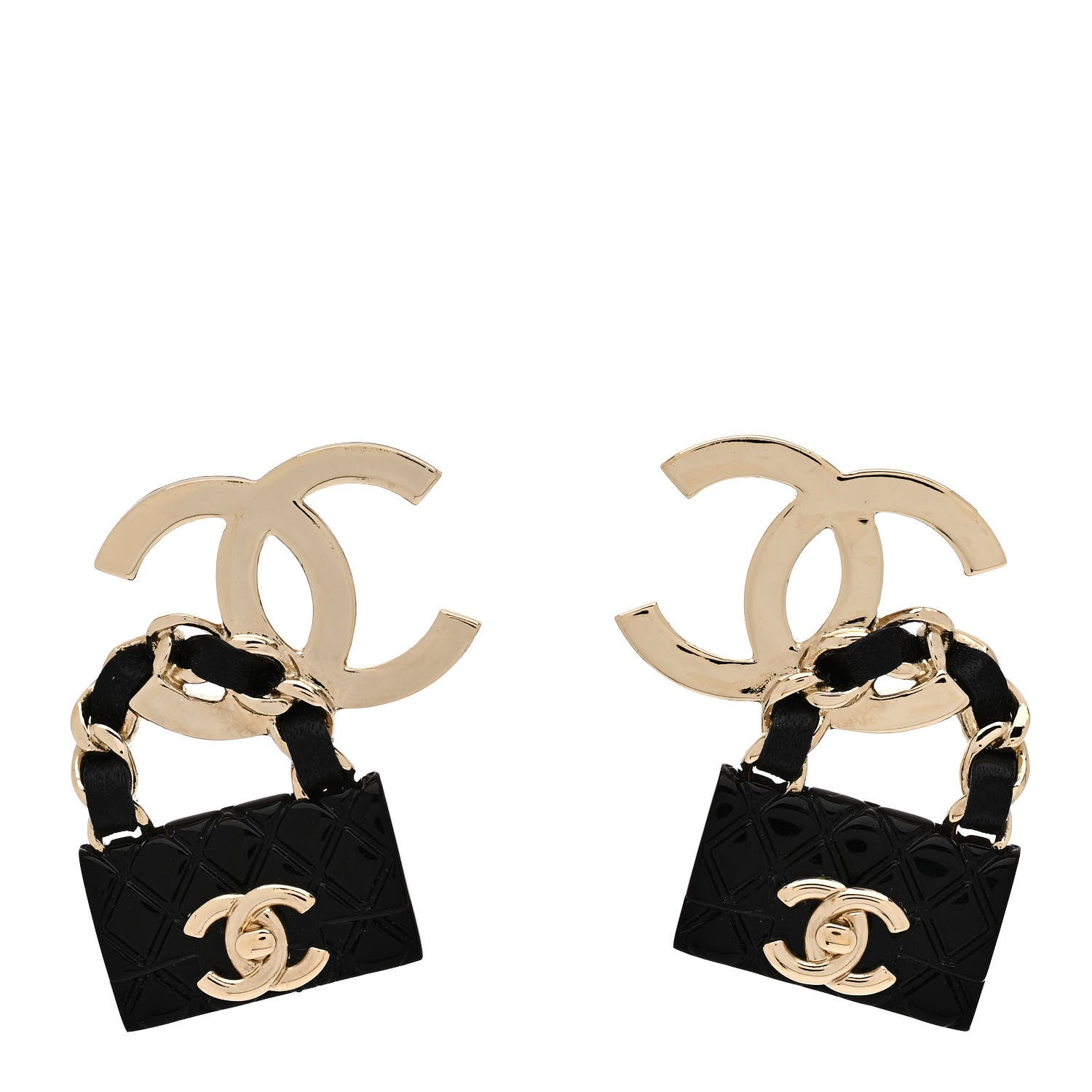 Chanel Metal Resin Lambskin Quilted CC Turnlock Chain Flap Bag Hoop Earrings Black Gold 1 of 4