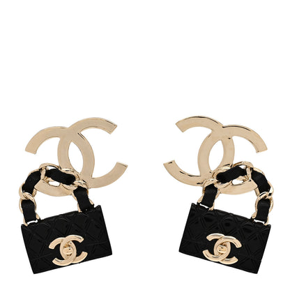 Chanel Metal Resin Lambskin Quilted CC Turnlock Chain Flap Bag Hoop Earrings Black Gold 1 of 4