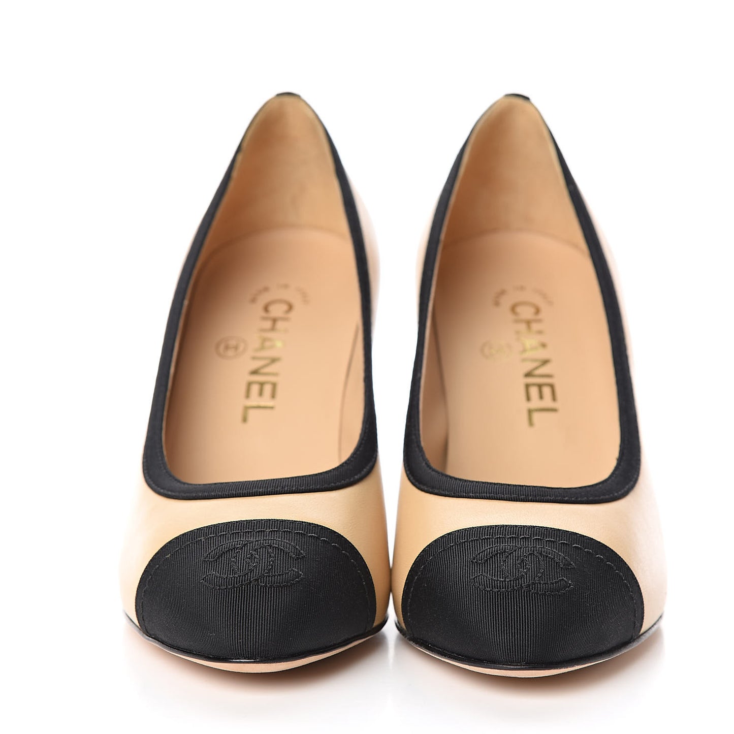 Lambskin Grosgrain Cap Toe CC Pumps 35.5 Beige Black