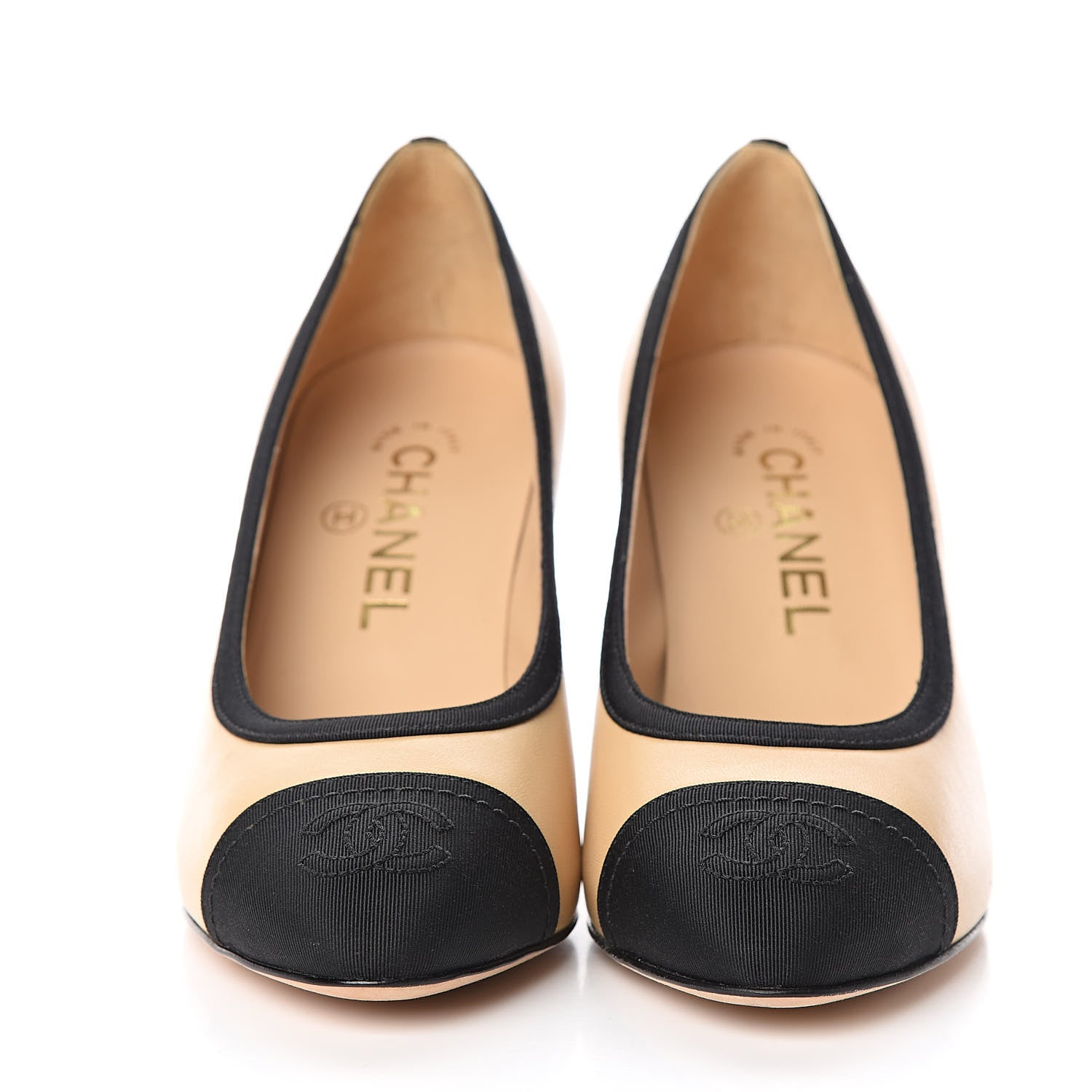 Chanel Lambskin Grosgrain Cap Toe CC Pumps 35.5 Beige Black 2 of 10