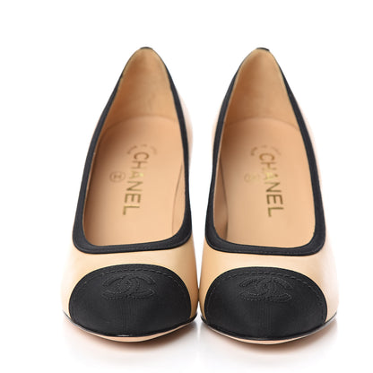Chanel Lambskin Grosgrain Cap Toe CC Pumps 35.5 Beige Black 2 of 10