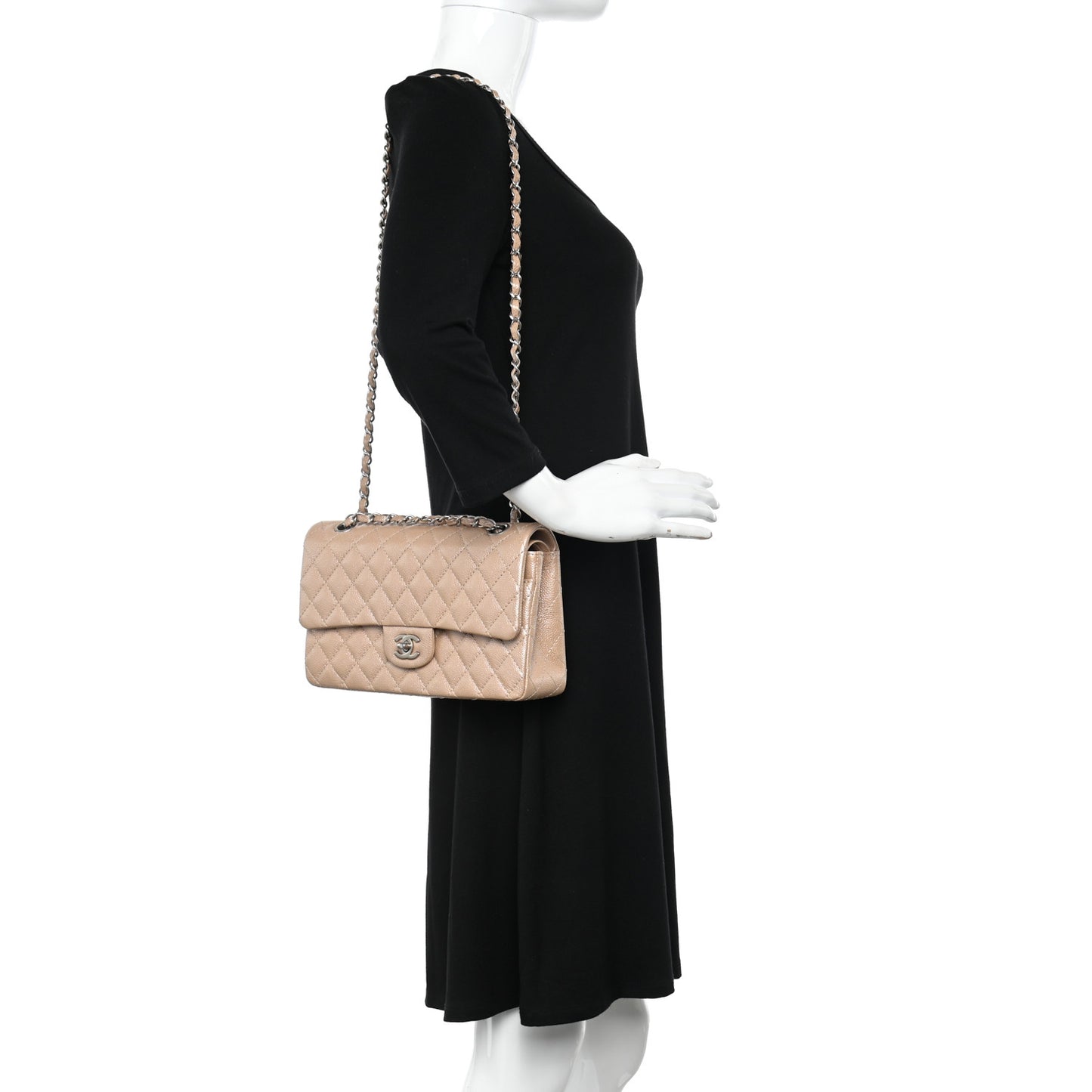 Iridescent Caviar Quilted Medium Double Flap Beige