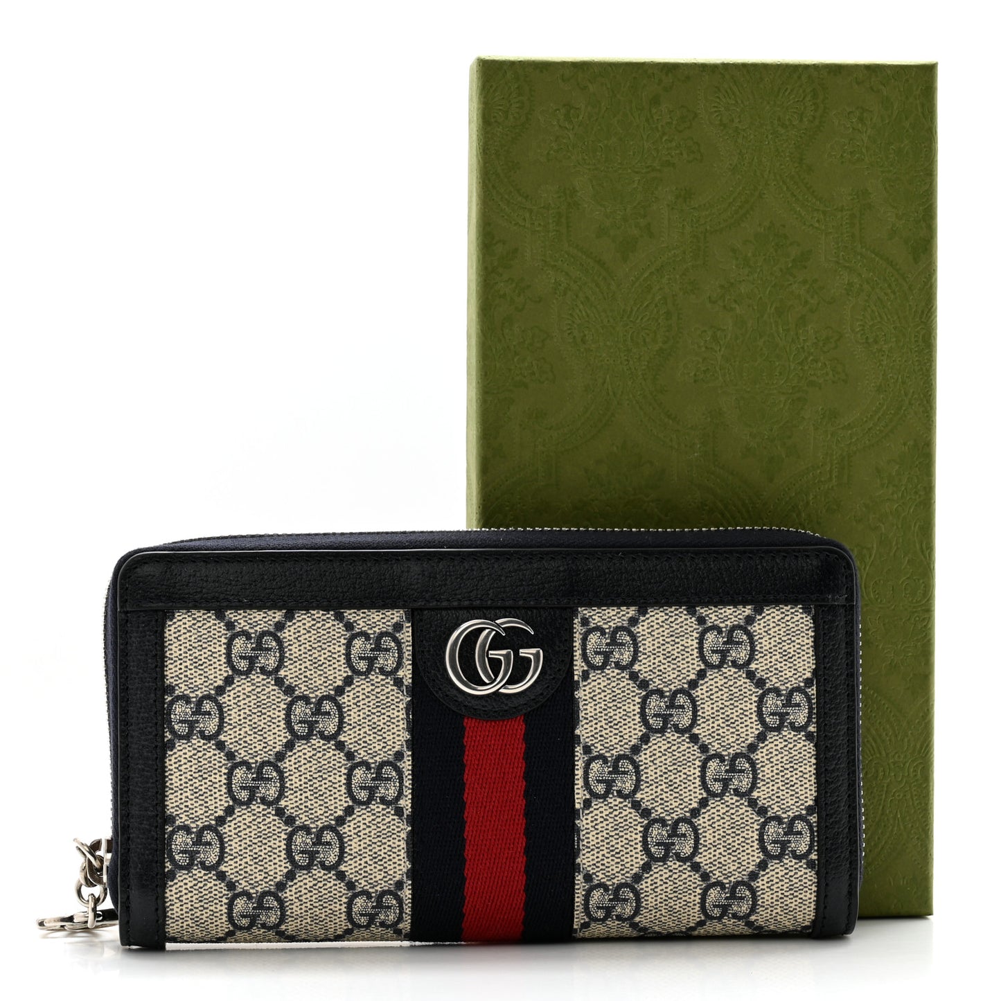 GG Supreme Monogram Textured Dollar Calfskin Web Ophidia Zip Around Wallet Beige Blue