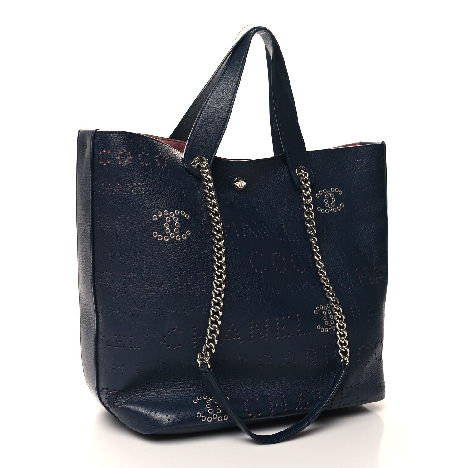 Chanel Calfskin Tweed Small Logo Eyelets Shopping Tote Navy Blue 4 of 12