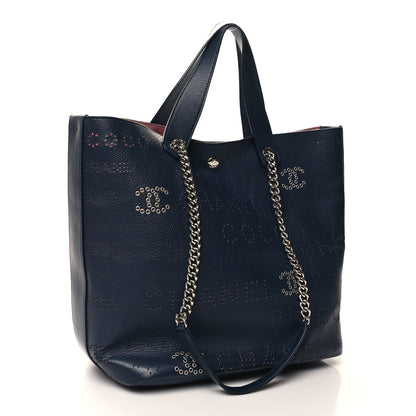 Chanel Calfskin Tweed Small Logo Eyelets Shopping Tote Navy Blue 4 of 12
