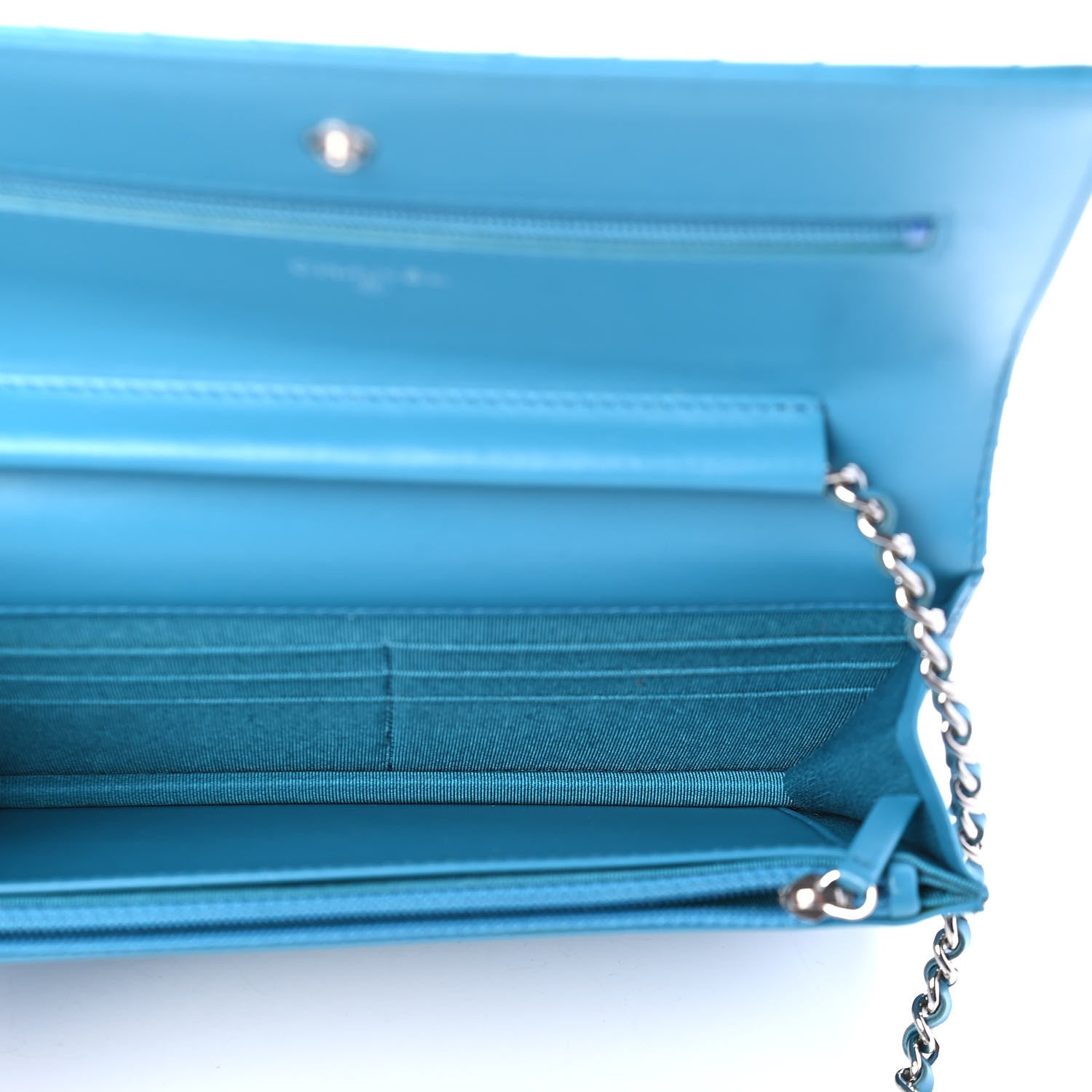 Chanel Patent Calfskin Chevron Quilted Wallet On Chain WOC Blue 4 of 4