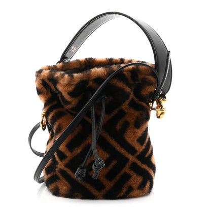 Fendi Shearling Vitello Dolce F is Fendi Macro FF 1974 Mini Mon Tresor Bucket Bag Tobacco Black 1 of 10