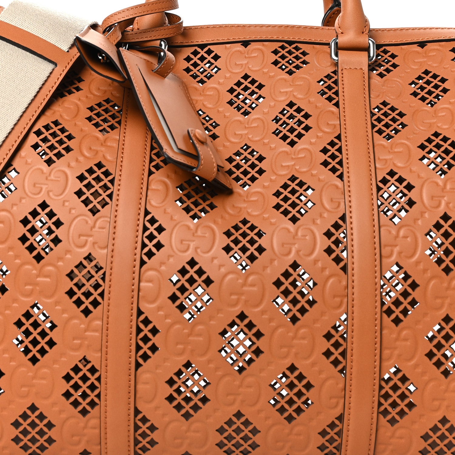 Gucci Calfskin Cut Out GG Embossed Medium Duffle Bag Harness Brown 6 of 10