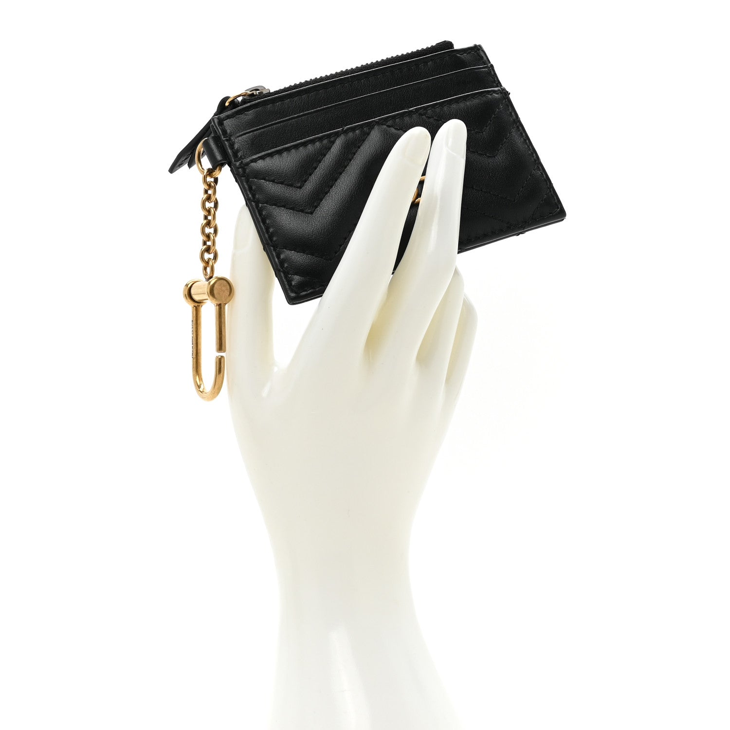 Gucci Calfskin Matelasse Chevron GG Marmont Key Case Card Holder Black 2 of 9