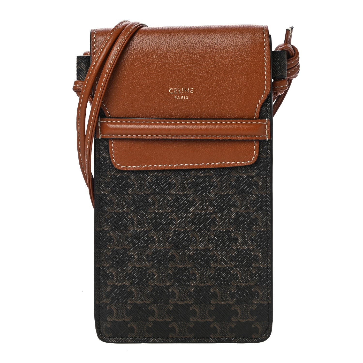Celine Triomphe Canvas Lambskin Phone Pouch With Flap Tan 1 of 12