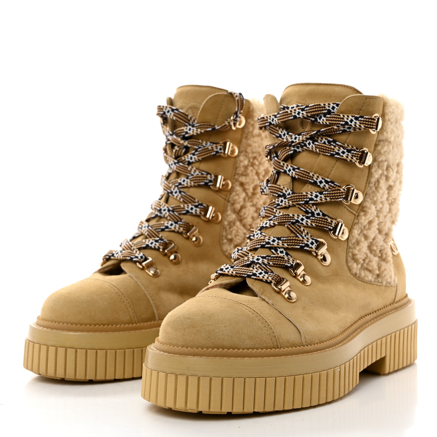 Chanel Suede Shearling Quilted CC Combat Boots 36.5 Beige 3 of 8