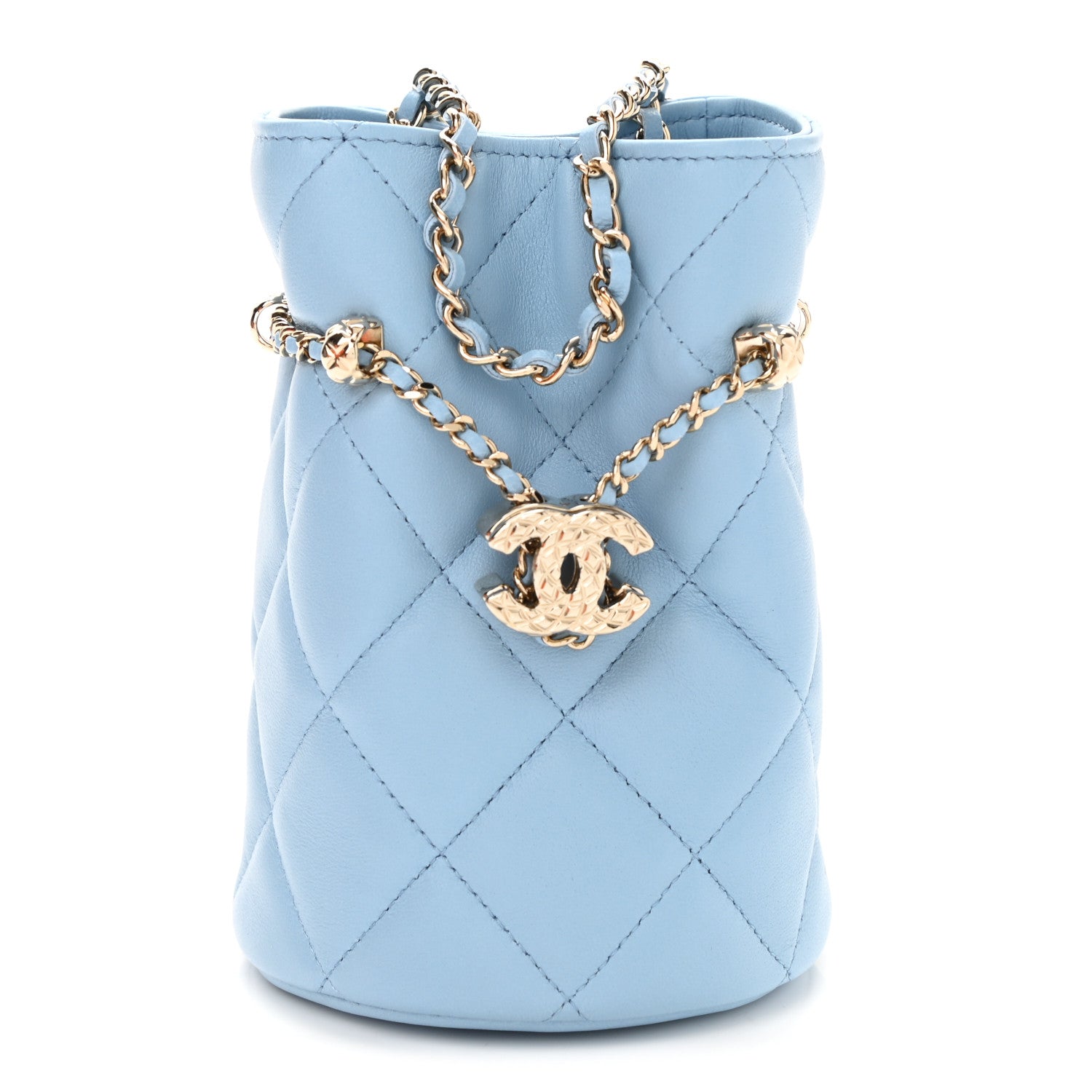 Chanel Lambskin Quilted Mini Drawstring Bucket Bag With Chain Light Blue 1 of 12