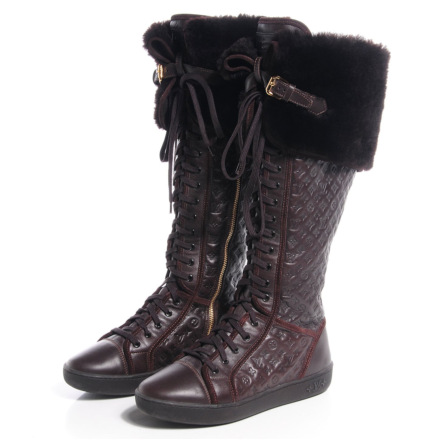 Calfskin Embossed Lamb Fur Polka Tall Boots 37 Brown