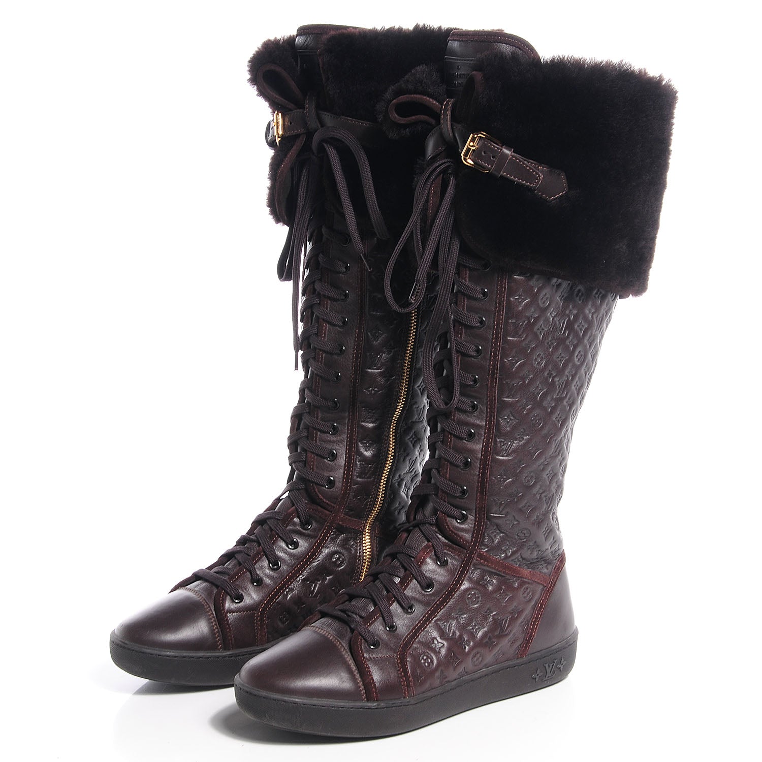 Louis Vuitton Calfskin Embossed Lamb Fur Polka Tall Boots 37 Brown 3 of 6