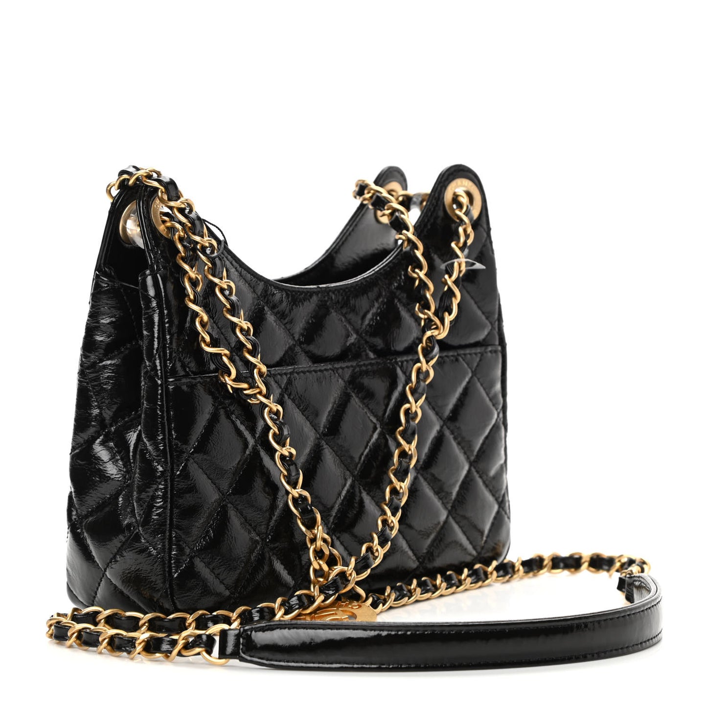 Shiny Crumpled Calfskin Quilted Small Wavy CC Hobo Black