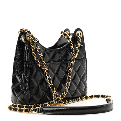 Chanel Shiny Crumpled Calfskin Quilted Small Wavy CC Hobo Black 3 of 11