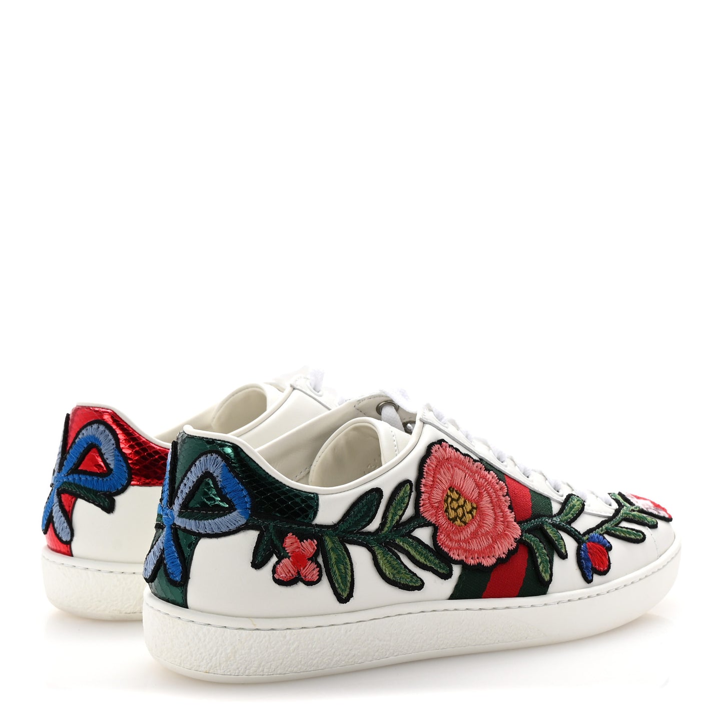 Calfskin Web Floral Embroidered Womens Ace Sneakers 37 White