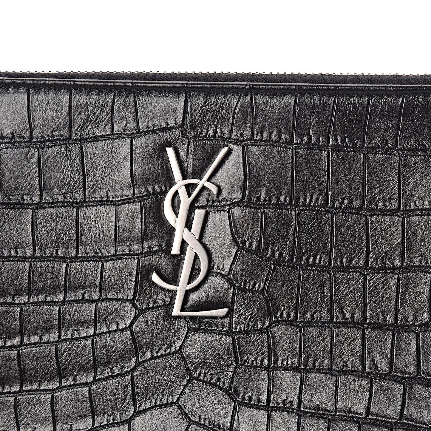 Calfskin Crocodile Embossed Monogram Zip Pouch Black