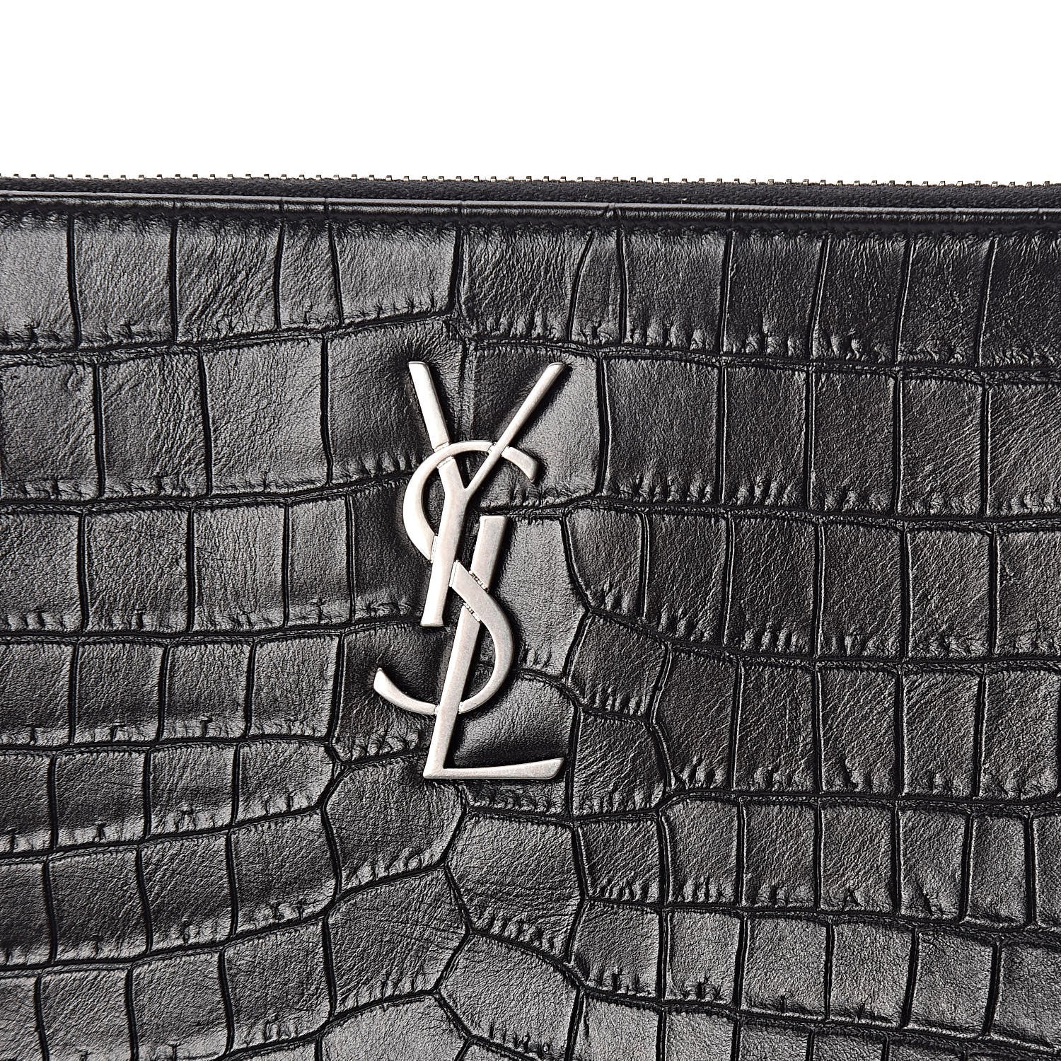Saint Laurent Calfskin Crocodile Embossed Monogram Zip Pouch Black 8 of 10