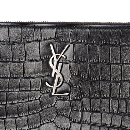 Saint Laurent Calfskin Crocodile Embossed Monogram Zip Pouch Black 8 of 10