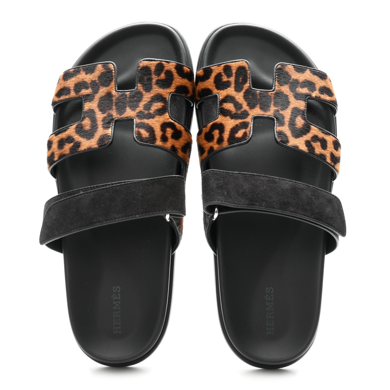 Hermes Moire Calfskin Suede Goatskin Womens Leopard Chypre Sandals 40 Gold Black 2 of 9
