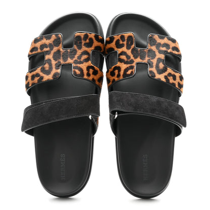 Hermes Moire Calfskin Suede Goatskin Womens Leopard Chypre Sandals 40 Gold Black 2 of 9