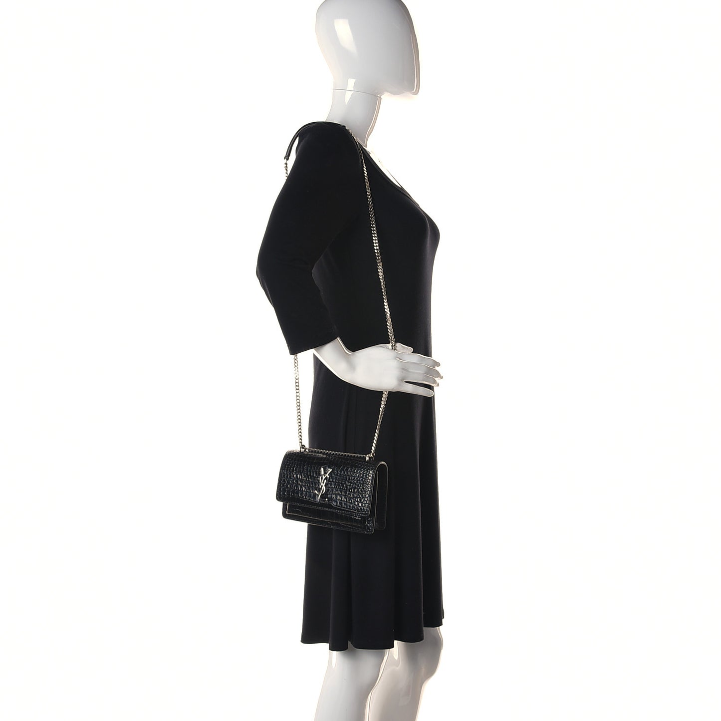 Calfskin Crocodile Embossed Monogram Sunset Chain Wallet Navy