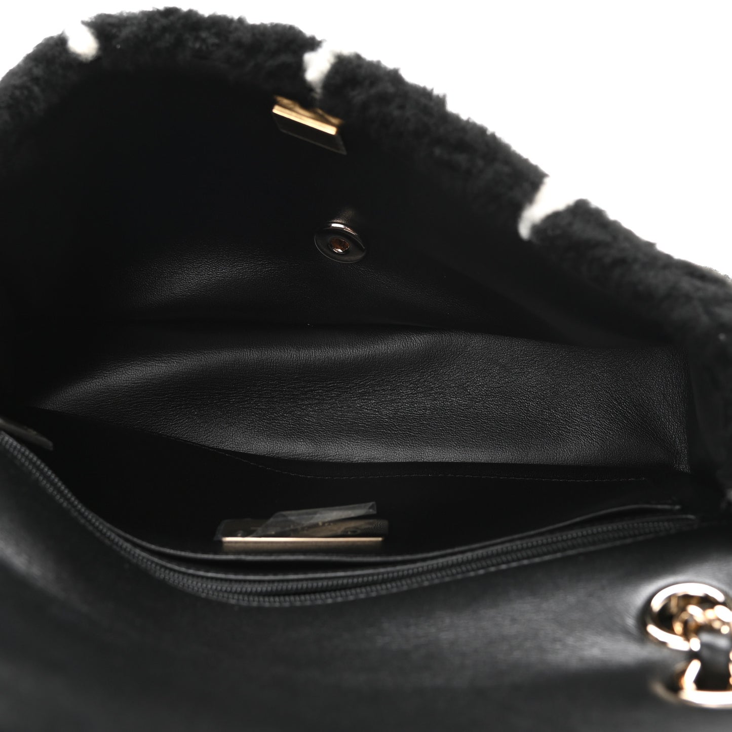 Shearling Lambskin Large Fluffy Tartan Single Flap Black White
