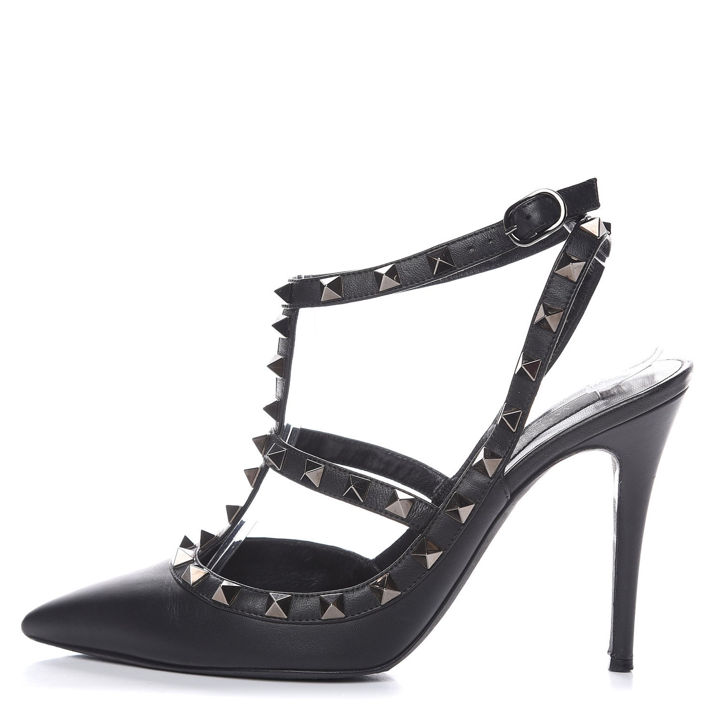 Calfskin Nappa Rockstud Ankle Strap 100mm Pumps 37.5 Black