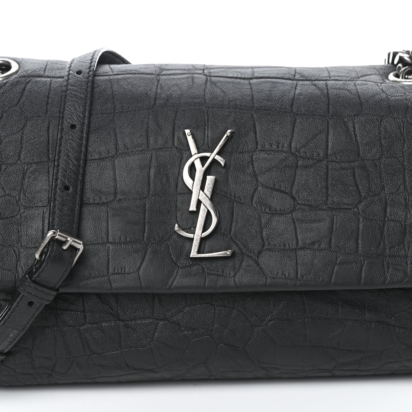 Calfskin Crocodile Embossed Medium West Hollywood Monogram Fold-Over Black