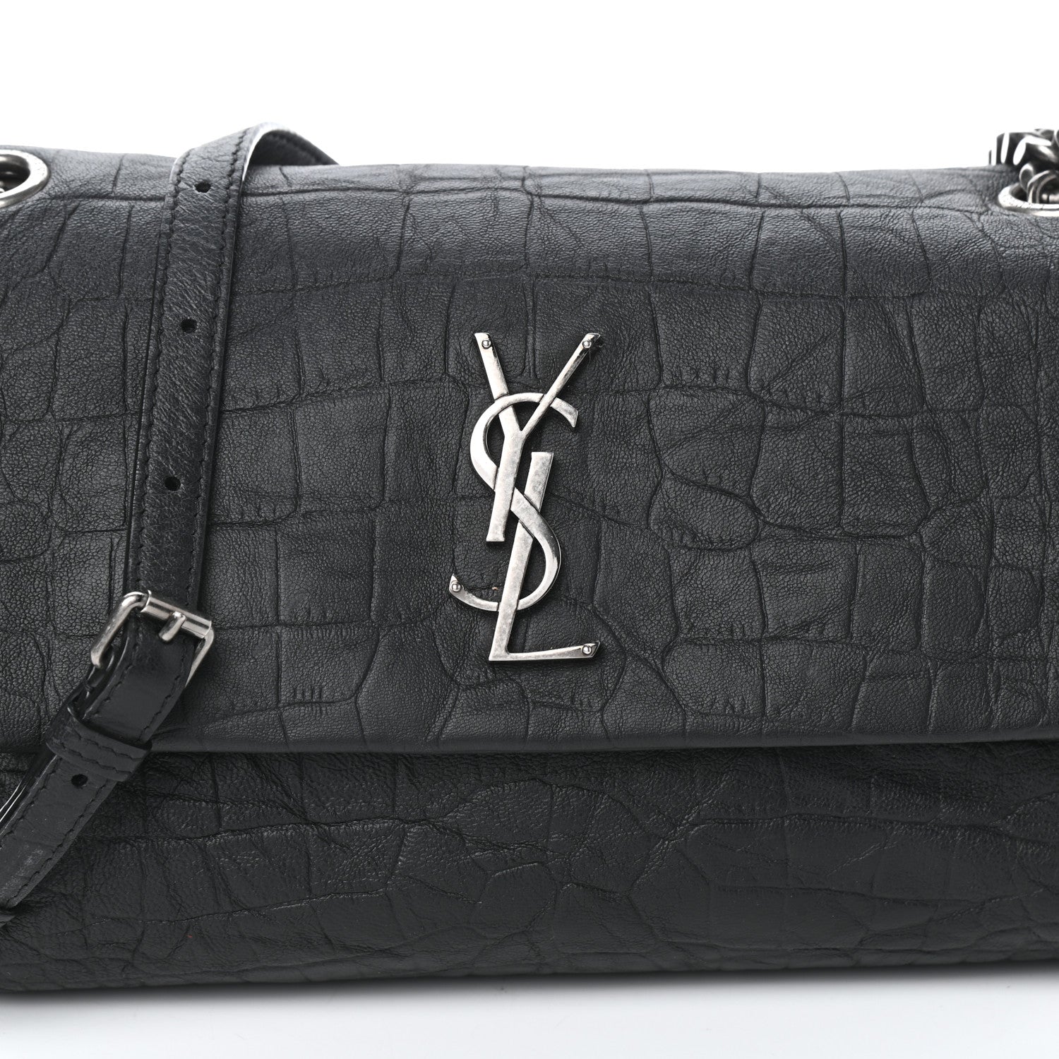 Saint Laurent Calfskin Crocodile Embossed Medium West Hollywood Monogram Fold-Over Black 7 of 9