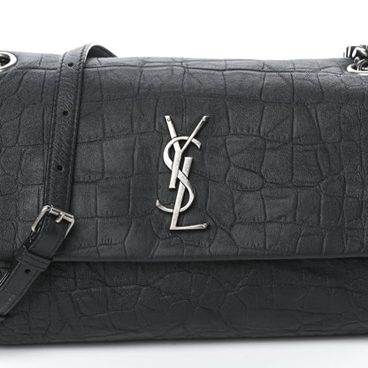 Saint Laurent Calfskin Crocodile Embossed Medium West Hollywood Monogram Fold-Over Black 7 of 9