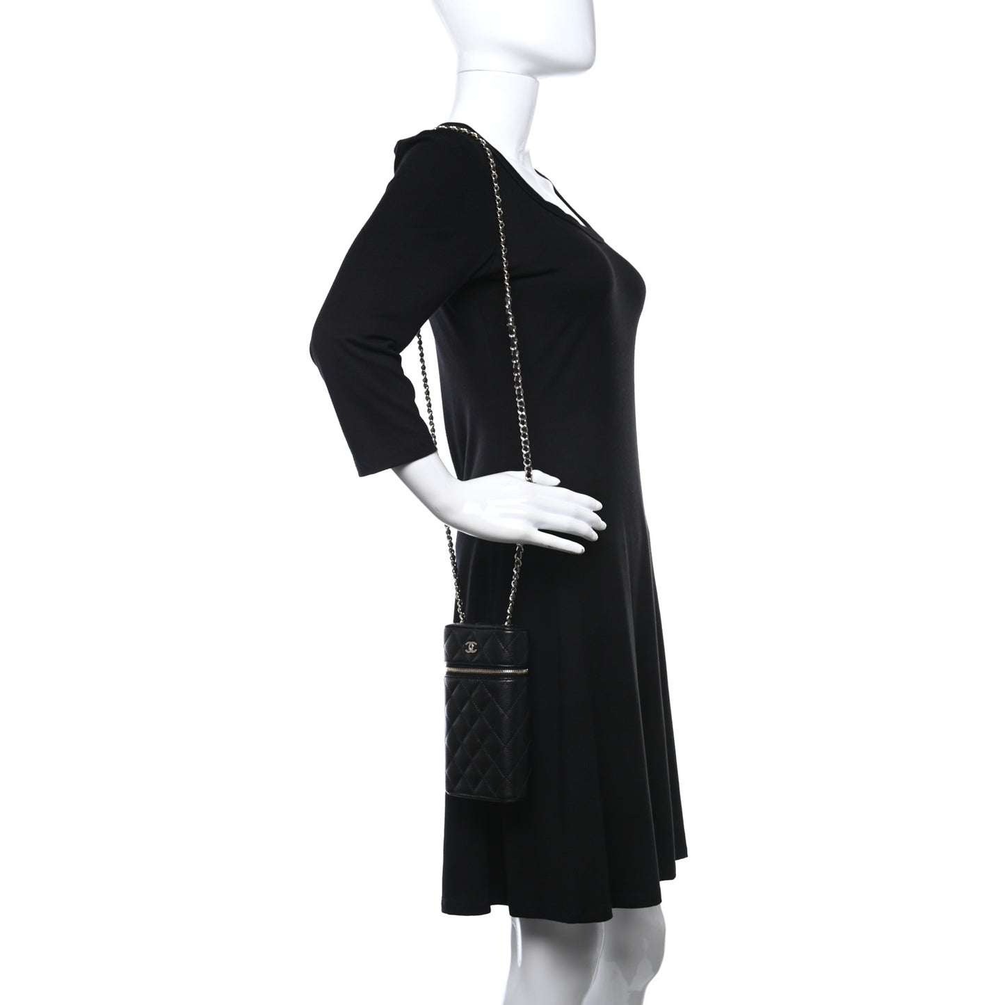 Caviar Quilted Phone Holder With Chain Black