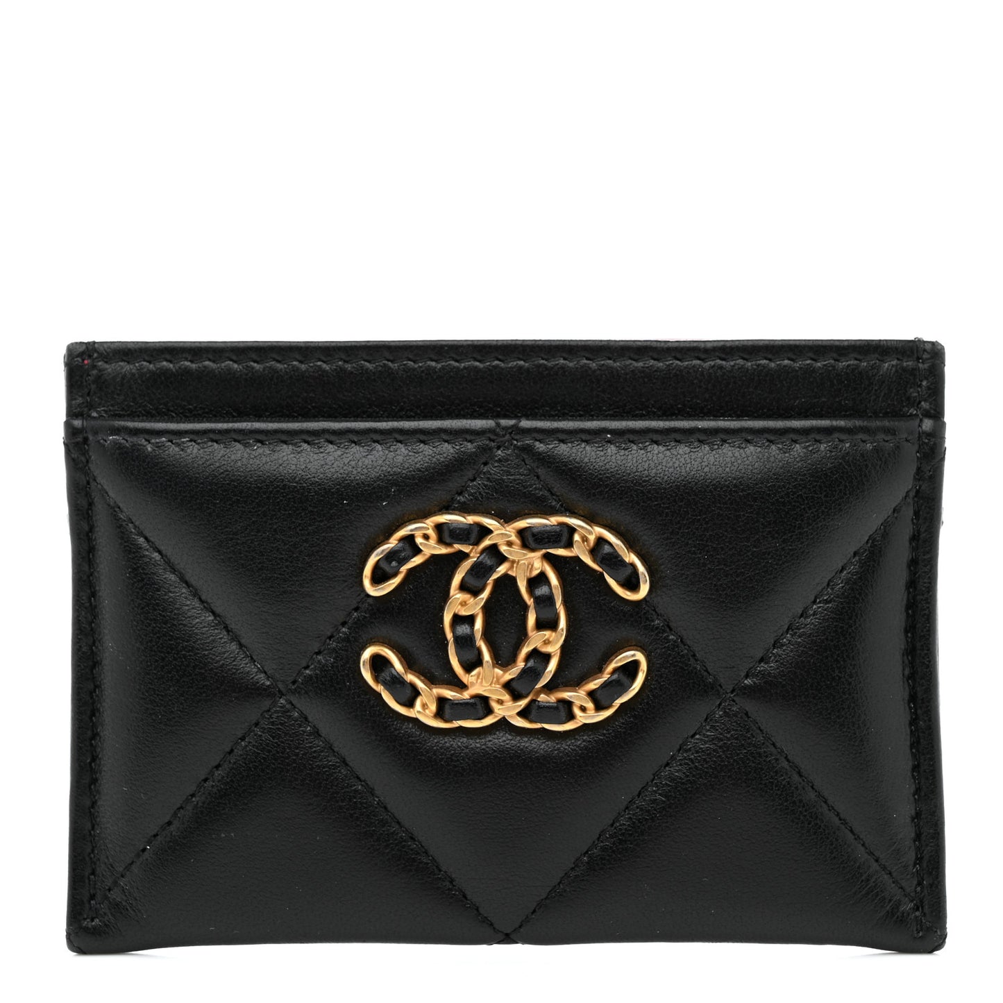 Shiny Goatskin Quilted Chanel 19 Card Holder Black