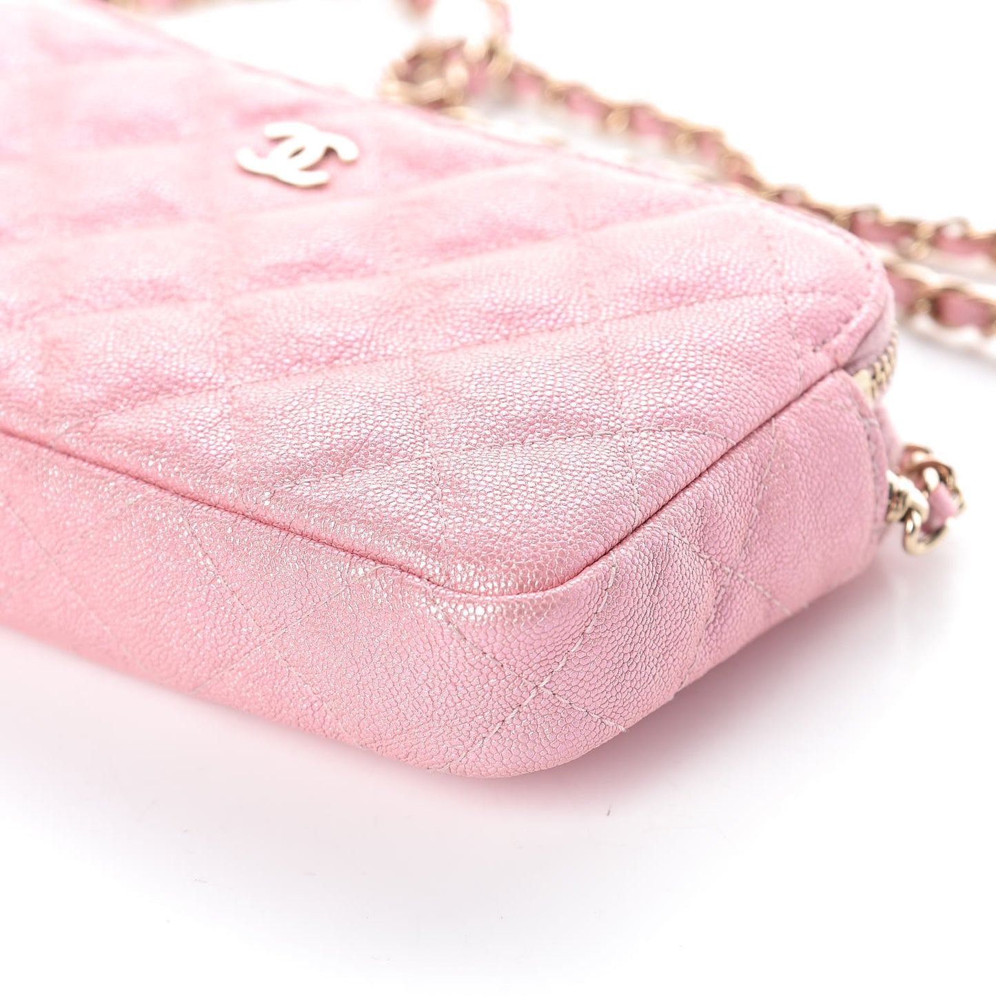 Iridescent Caviar Quilted Small Clutch With Chain Pink