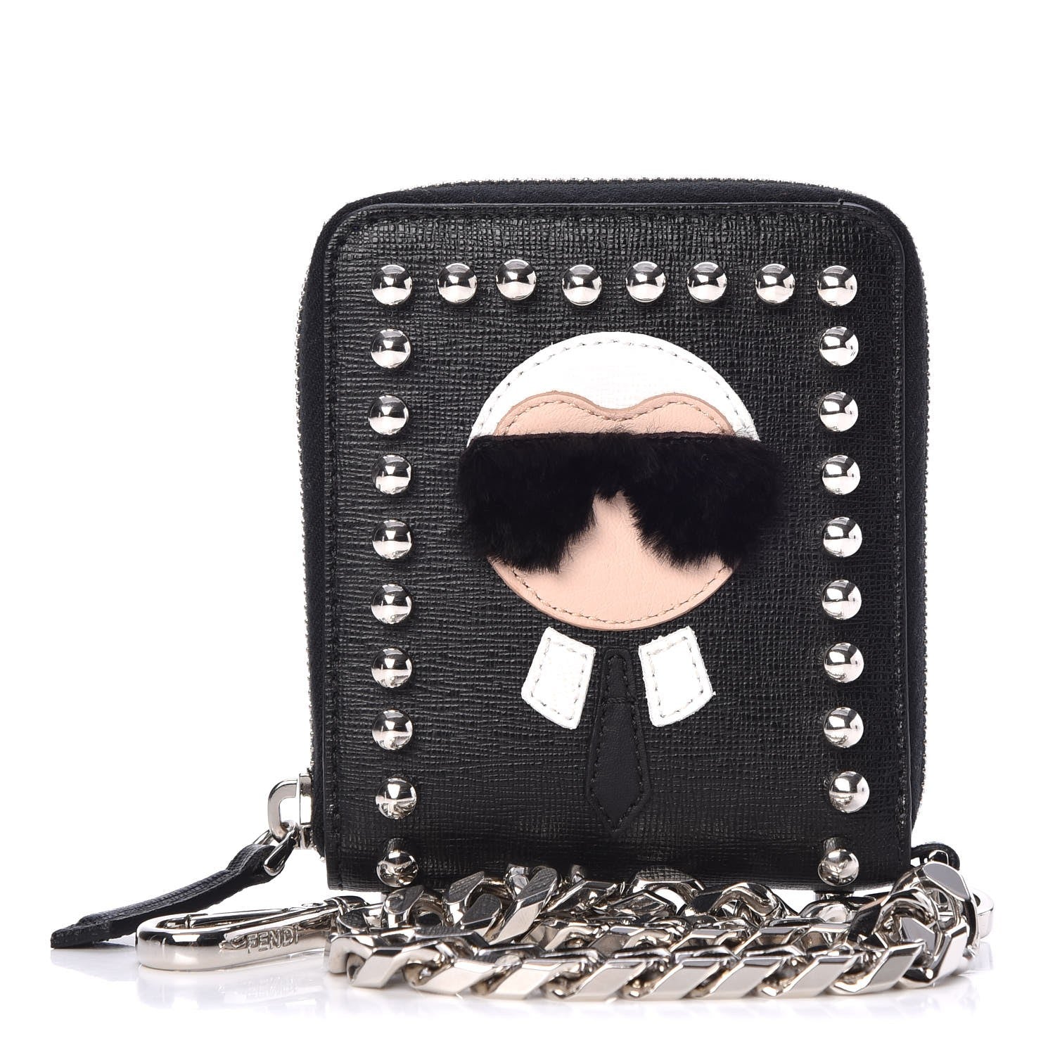 Fendi Vitello Elite Flamingo Mink Karlito Studded Zip Around Chain Wallet Black White Plaster 1 of 15