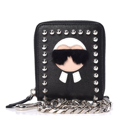 Fendi Vitello Elite Flamingo Mink Karlito Studded Zip Around Chain Wallet Black White Plaster 1 of 15