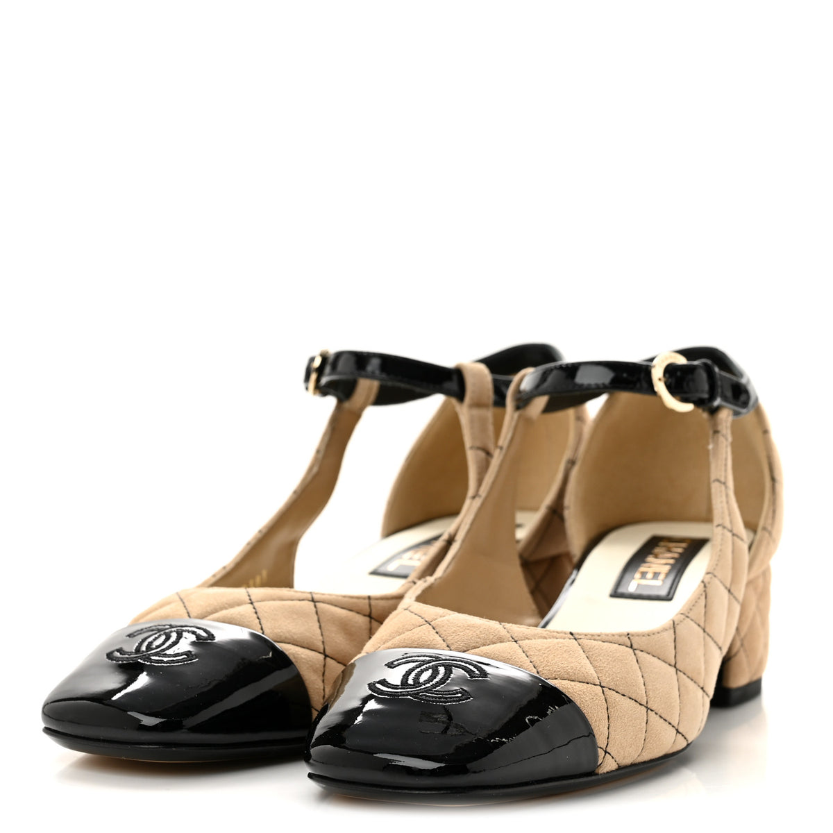 Suede Kidskin Patent Cap Toe Quilted Mary Jane Flats 40 Beige Black