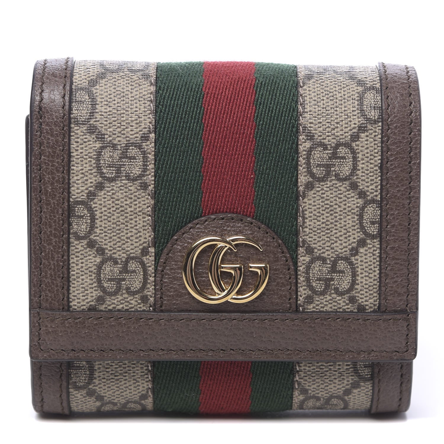 Gucci GG Supreme Monogram Textured Calfskin Web Ophidia Card Case Wallet Beige Ebony New Acero 1 of 7