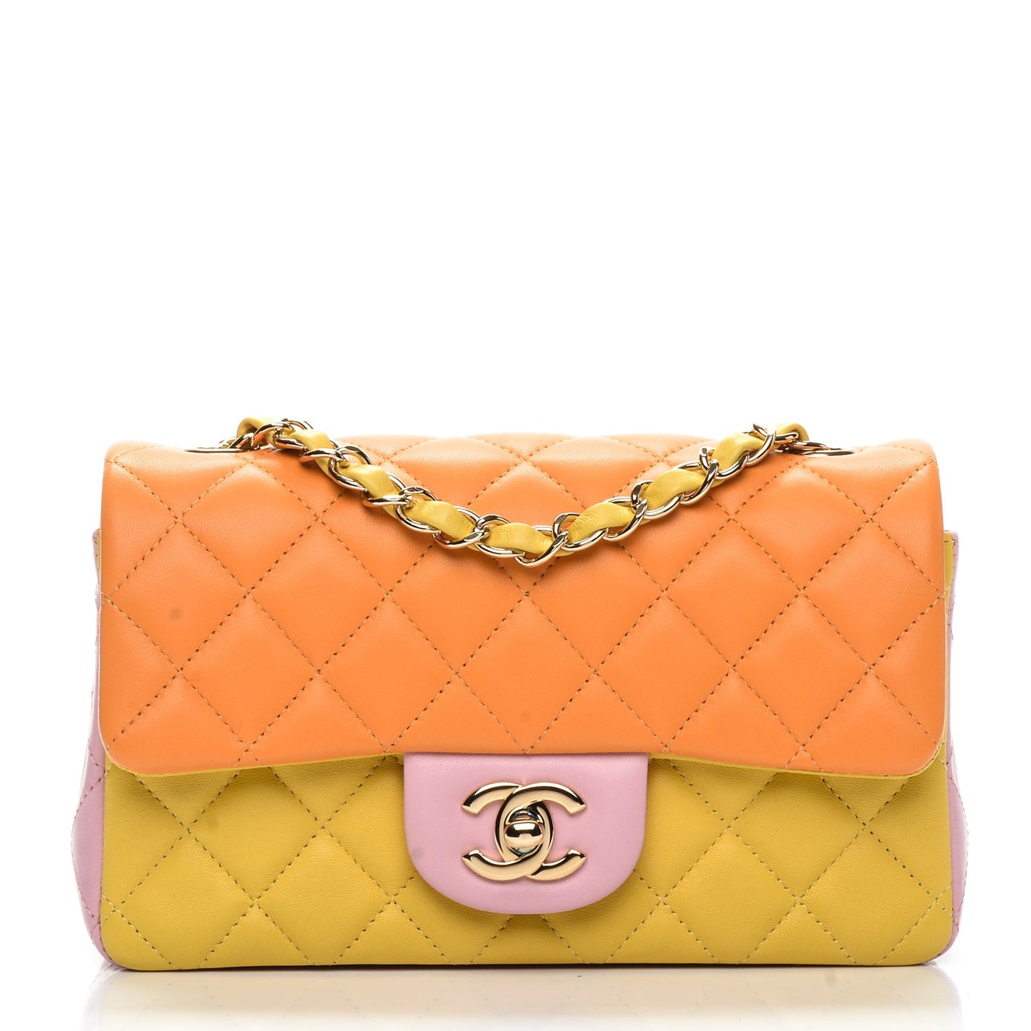 Lambskin Quilted Tri-Color Mini Rectangular Flap Orange Yellow Pink