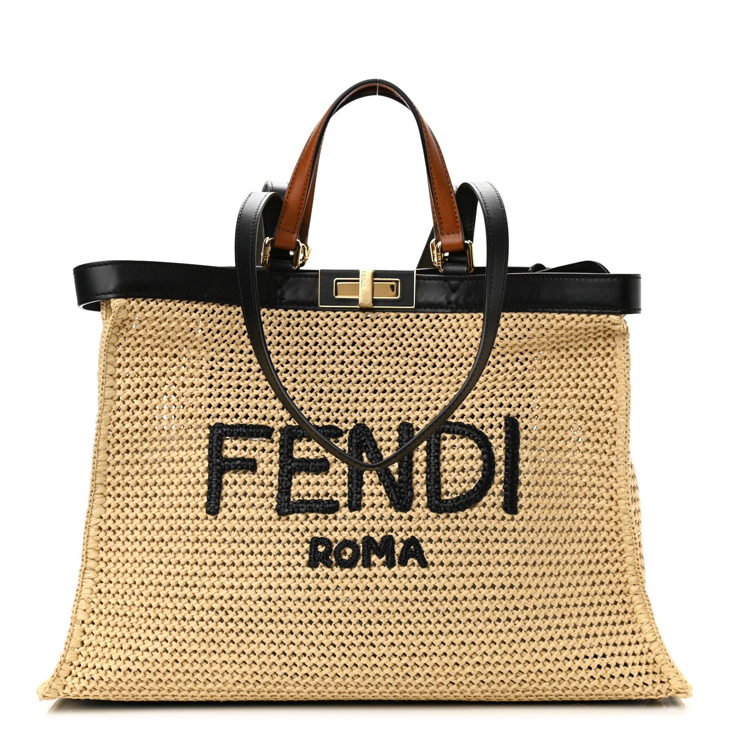 Fendi Raffia Vitello King Macrame Mesh Large Peekaboo X-Tote Natural Black Cuoio 1 of 7