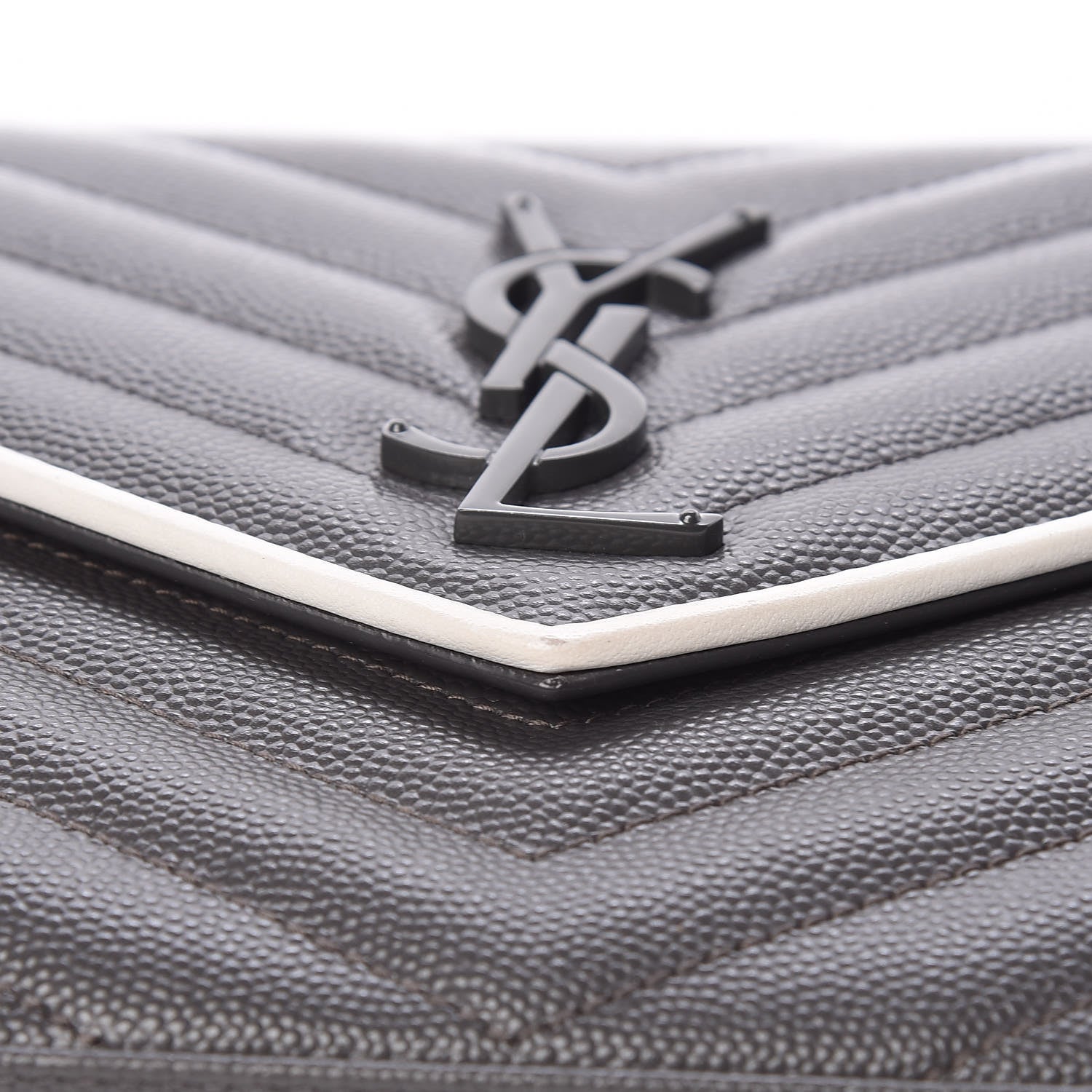 Saint Laurent Grain De Poudre Matelasse Chevron Monogram Chain Wallet Grey White 8 of 10