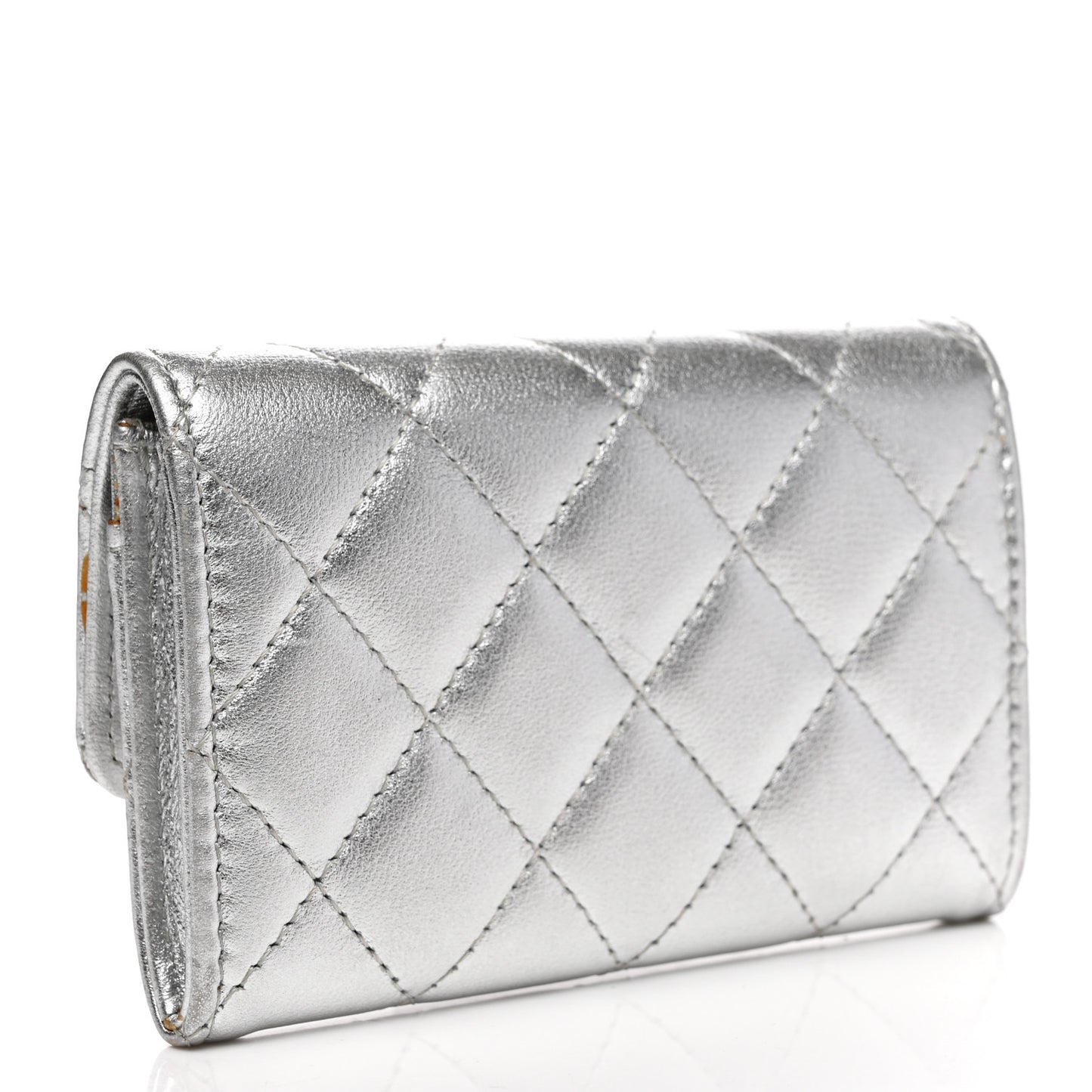Metallic Lambskin Quilted Flap Card Holder Gold
