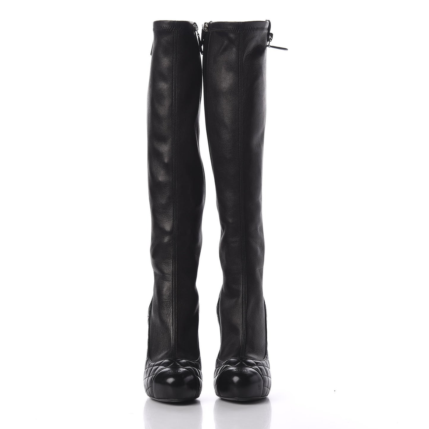 Calfskin Lambskin CC Cap Toe Quilted Knee High Boots 37 Black