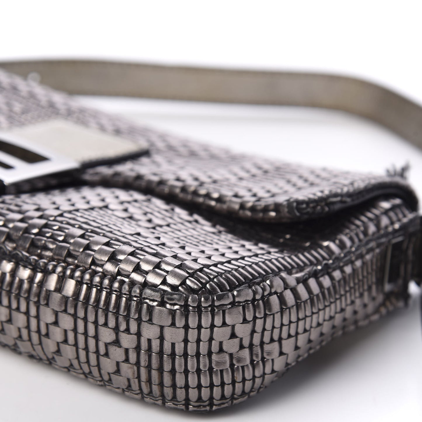 Metallic Lambskin Woven Baguette Light Grey