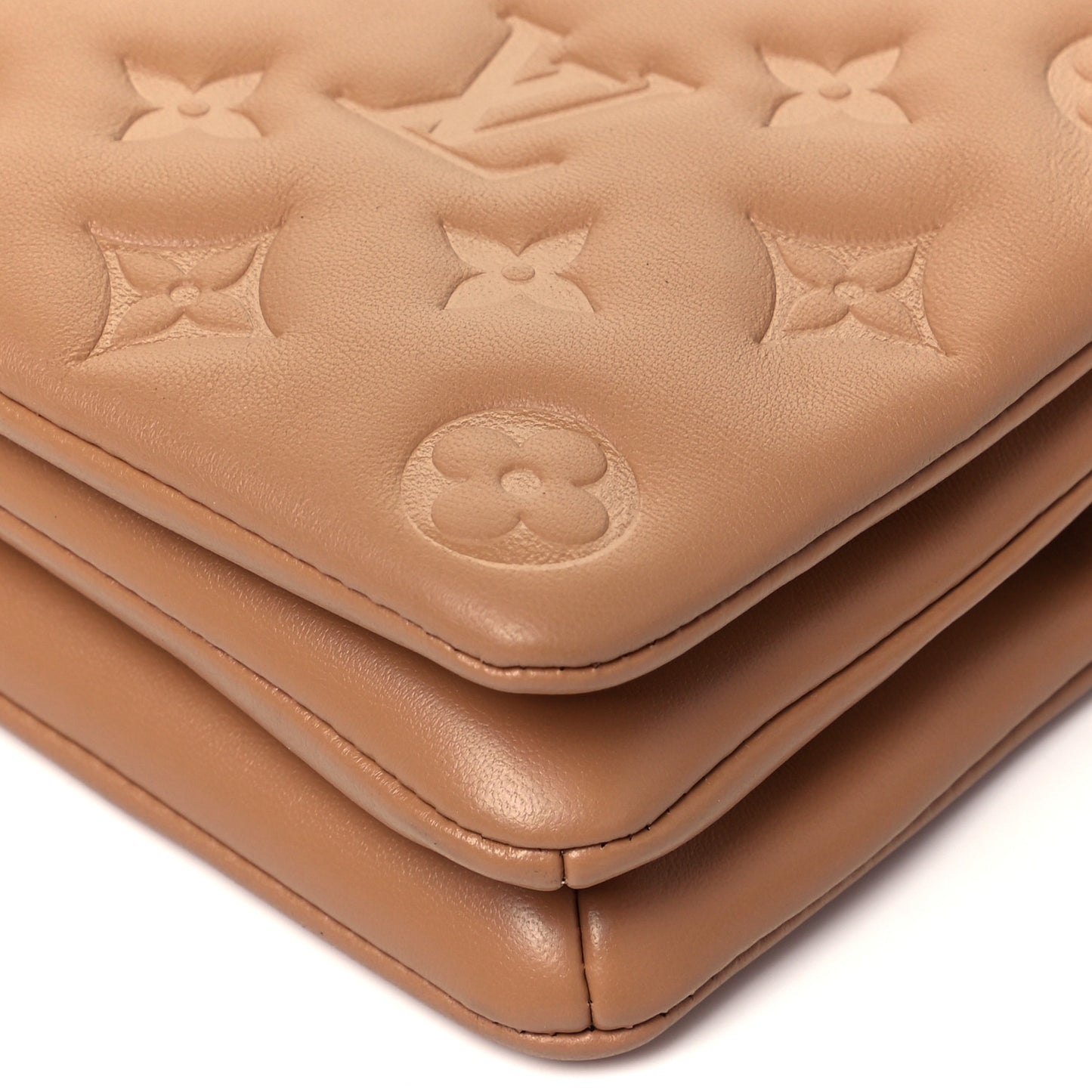 Lambskin Embossed Monogram Pochette Coussin Camel
